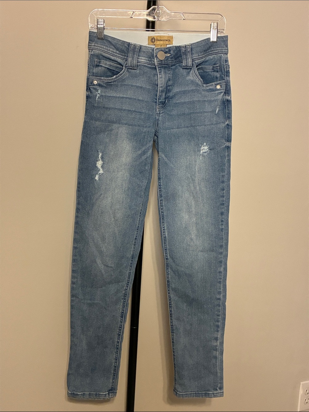 Democracy Straight Leg Jeans Light Blue Patched Distress Ab Technology Size 2